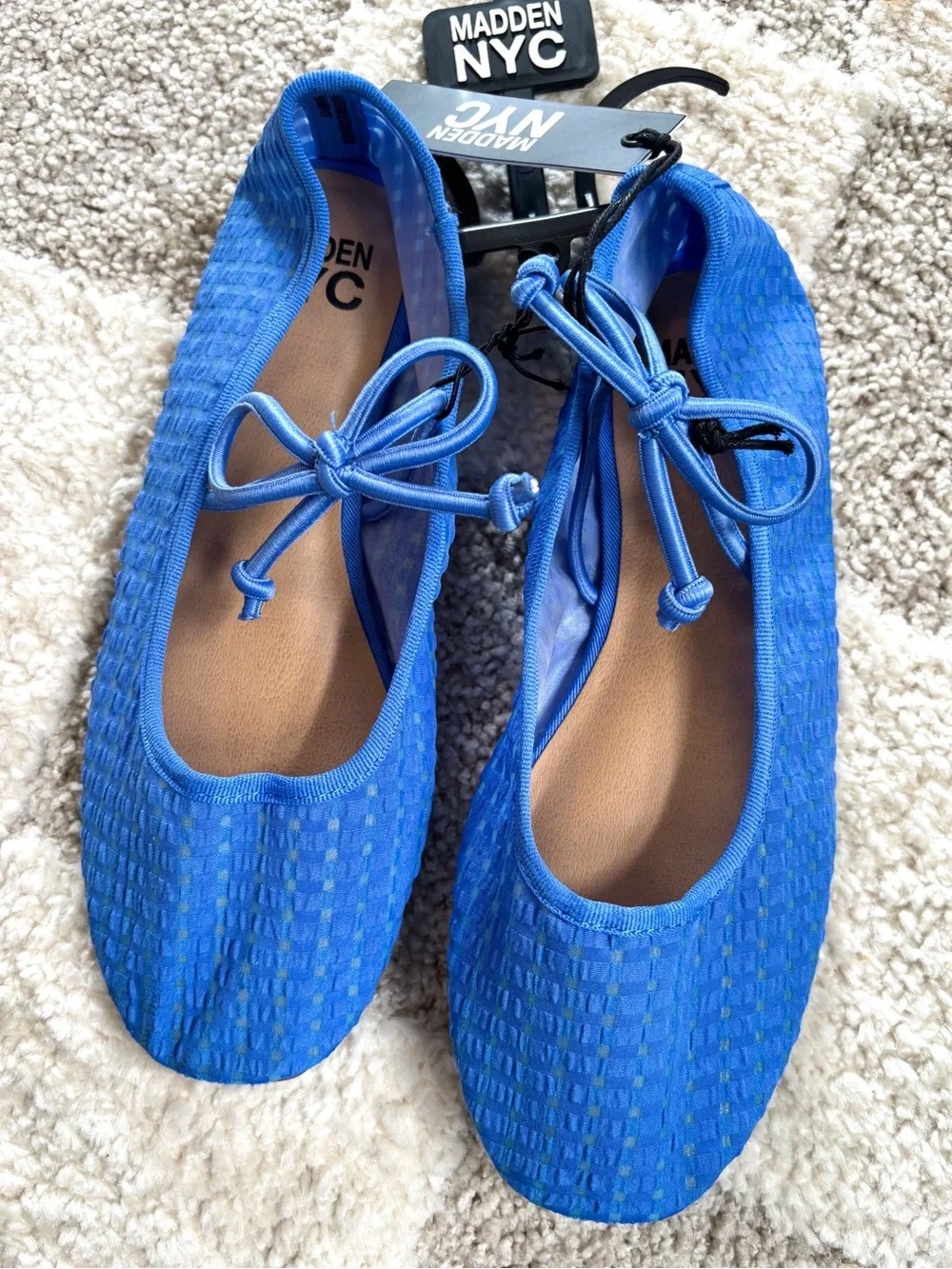 NWT Madden NYC Girls Blue Gingham Mesh Ballet Flats Lace Tie Mary Jane Shoes